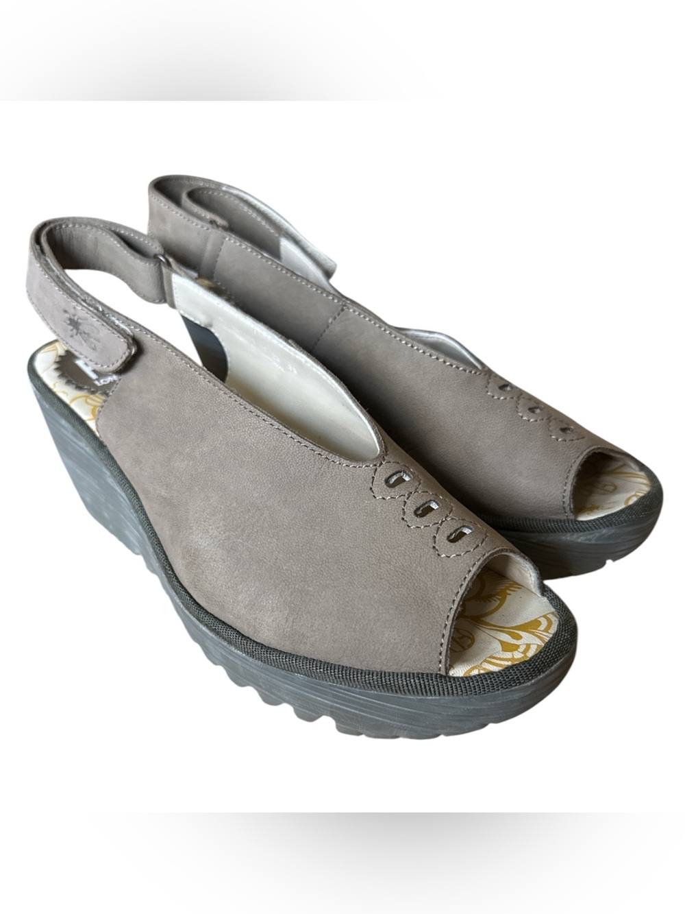 Fly London Women's YEAY387FLY Sling Back Peep Toe Wedge Sandal Taupe EU Size 39